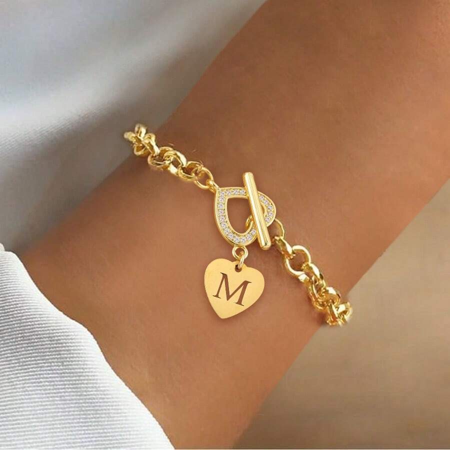 1pc Simple Classic Heart Initial Pave Zirconia Heart Toggle Clasps Gold Color Stainless Steel Chain Bracelets For Women - Yellow Gold - View 1