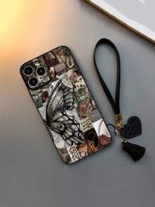 1 件镂空直边动物蝴蝶彩绘加厚防震彩绘手机壳配新皮革心形腕带 DIY 手机壳饰物，流苏吊坠短腕带饰物 - 彩色 - 查看 4