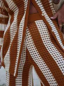 Holiday Outfit Summer Fashion Casual Vacation Beach Elegant Striped Contrast Color Oversized Button Cardigan Sweater Collar Casual Hollow Short Sleeve Pants Women Knit 2-Piece Set - Multicolor - View 5