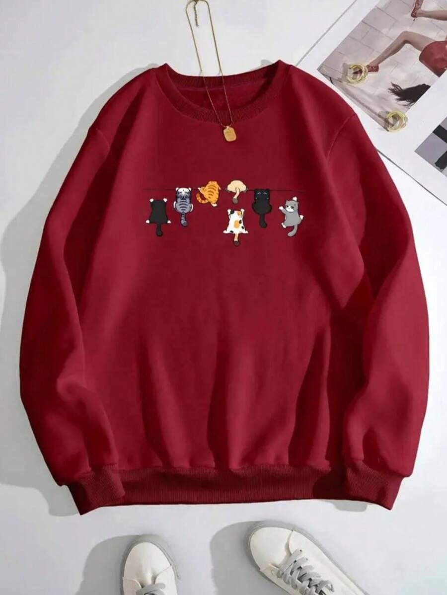 Women's Cute Printed Sweatshirt, Round Neck, Comfortable, 100% Cotton - Burgundy - View 1