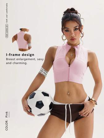 FWH 女式无袖拉链运动背心夹克，夏季弹力轻便，性感时尚短款设计，非常适合跑步、瑜伽、普拉提、健身和街头服饰