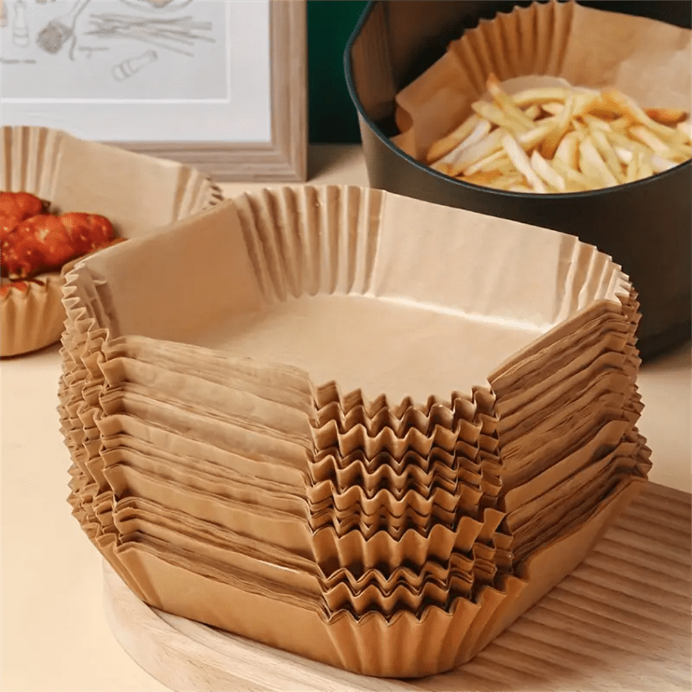 SOKANY 50/100 Stücke, Frittierpapier, Einweg-Auskleidung für Heißluftfritteuse, ölbeständig, antihaftbeschichtet, leicht zu reinigen, Zubehör für Heißluftfritteuse, Küchenhelfer. Quadratische Papierauskleidung geeignet zum Backen, Backen und Mikrowellengaren, verwendet für Hotel- und gewerbliche Zwecke.