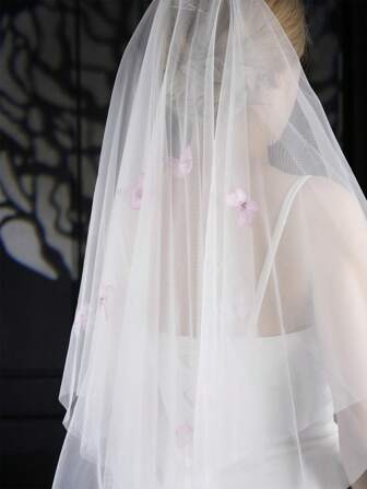 1 件欧美新娘婚纱配饰头饰头纱，双层带梳子，短款，粉色蝴蝶珍珠装饰，简约新娘头纱