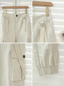 Women's Solid Color Webbing Design Cuffed Casual Utility Pants, Versatile - Light Grey - View 7