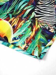 3-Piece Tween Boy Hawaiian Shirt, Hat And Shorts Set With Pockets, Beach Tropical Rainforest Animal Print Pattern, Suitable For Summer Casual And Vacation Wear (Without White T-Shirt)