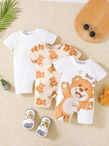Conjunto de 3 piezas de pelele para bebé niño de manga corta con estampado de oso gráfico, estampado de oso total y blanco sólido, para verano - Multicolor - Ver 1