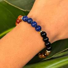Bracelet de richesse et de prospérité fait main de 8 mm, œil de tigre et agate bleue - bijou en perles de bois naturel, convient aux hommes et aux femmes