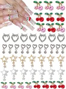 40Pcs Alloy Nail Gems Charms, Silver Gold 3D Butterfly Dangle Star Nail Rhinestones Charms Pink Red Cherry Shiny Diamond Nail Supplies Nail Charms - Multicolor - View 7