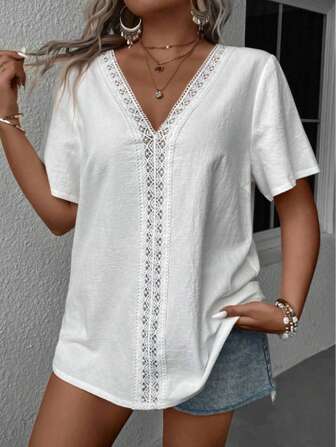 Women's V-Neck Contrast Lace Casual Short Sleeve Blouse