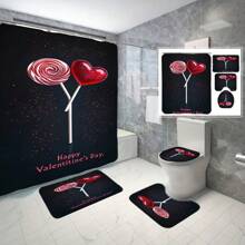 4pcs Shower Curtain Non-Slip Carpet Set, Wedding Date Floral Elements, Toilet Lid, Bath Mat - Includes 12 Plastic Hooks - Waterproof Polyester Fabric, Quick Drying, Non-Slip, Ring Top, Machine Washable Home Decor, Shower Decor Accessories,