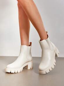 Women's Elastic Chelsea Ankle Boots Platform Low Chunky Block Heel Lug Sole Slip On Fall Heeled Boots - Beige - View 2