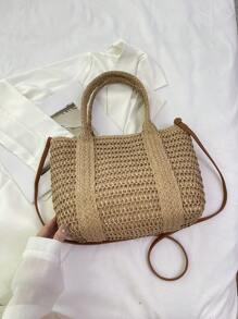 1pc Solid Color Fringed Woven Shoulder Bag, Versatile Casual Beach Bucket Tote Bag For Women, Suitable For Beach Vacation, Comes With Tassel Pendant