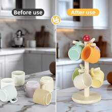 Coffee Mug Holder, Wood Mug Holder, Mug Tree With 6 Hooks Stand For Countertop, Mugs Organizer Coffee Bar Accessories And Decor Coffee Organizer Station, Cream(MH371)