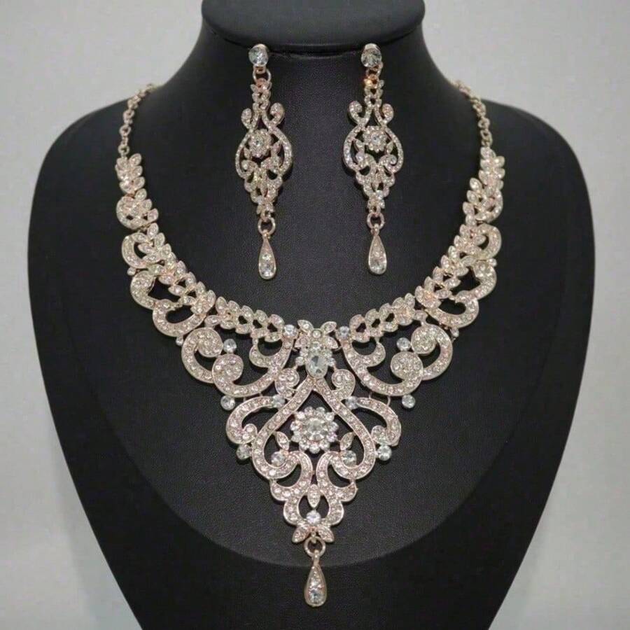 1 Set Vintage Crystal Inlaid 3-Piece Jewelry Set: Earrings, Necklace, Suitable For Bride, Wedding, Banquet, Party Wear