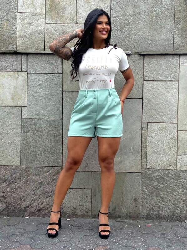 Short Alfaiataria Feminino Botão Forrado Cintura Alta Verão Social Casual Cós Alto Curto Básico