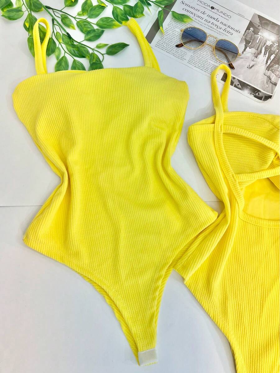 Women's Bodysuit With Braided Straps, Seersucker, Fashion Blogger - 黃色 - 查看 1