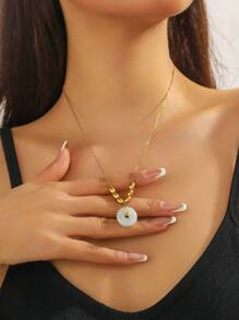 1pc Fashion Retro Layered Pendant Necklace With Butterfly, Heart, Pearl, Eye Charm Elements, Stainless Steel Gold Plated - Multi-layer - View 6