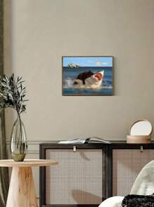 1/2 件现代复古动物主题装饰海报，猫鲨大战墙壁艺术印刷品，抽象蓝色金鱼和鲨鱼鳍以及励志名言，室内艺术，墙壁艺术，无框，适用于家庭办公室、浴室、客厅、厨房、卧室