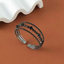 1pc Minimalist Open-Ended Rhinestone & Zirconia Threeline Black Bracelet, Suitable For Women's Daily Wear - Black - View 3