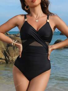 1pc Metal-Decor Mesh Splicing Adjustable Strap Conservative Yet Sexy Women's Swimsuit, Suitable For Beach & Vacation