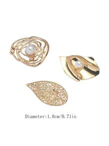 3pcs Exaggerated Style Metal Large Flower, Pearl, Hollow Leaf Design Rings, Fashionable Floral Pattern Finger Rings - Yellow Gold - View 4