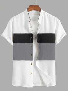 2 件套男士休闲时尚服装，短袖衬衫和纯色抽绳短裤，拼色设计，舒适服装