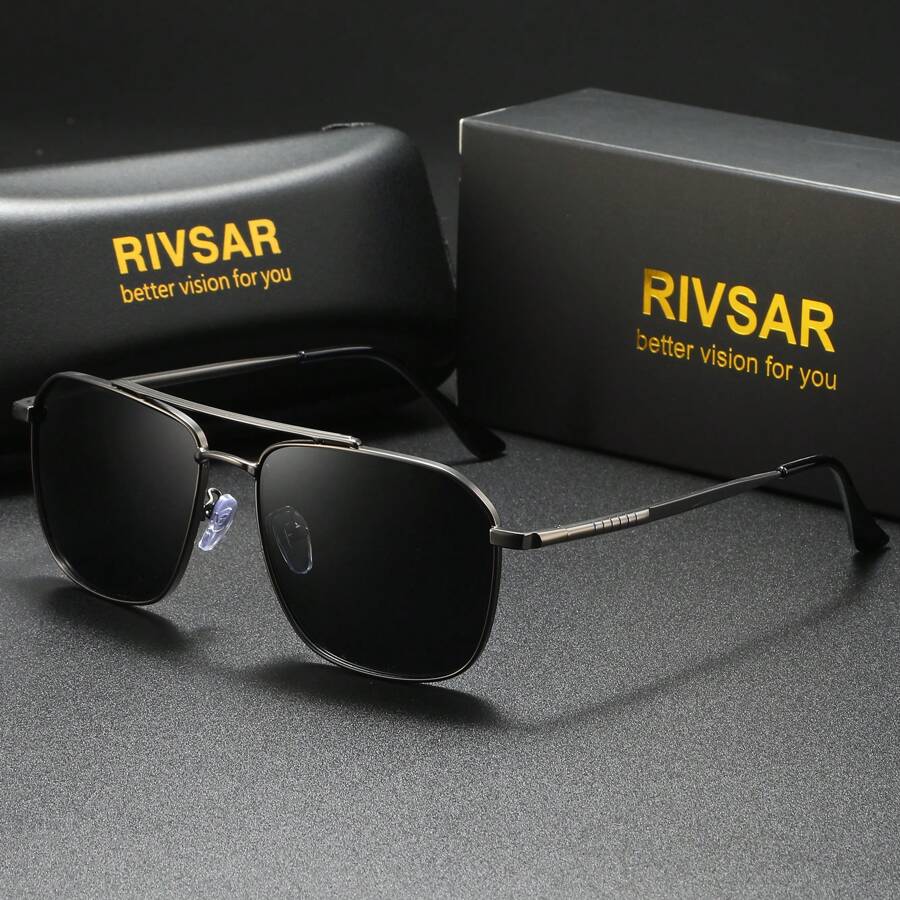 RIVSAR 男士偏光方形双桥复古太阳镜,户外运动骑行驾驶钓鱼眼镜带盒,礼盒适合夏季海滩度假、户外、旅行 - 多色 - 查看 1