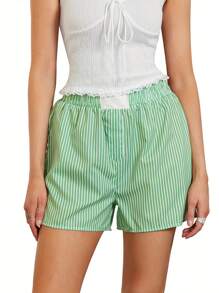 Women's Striped Casual Boxer Shorts Lightweight Wide Leg Mid Rise Summer Short Y2K Elastic Waist Lounge Pj Shorts - Green - View 7