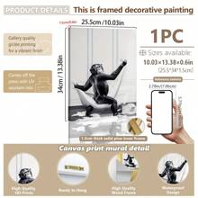 1pc, Canvas Hanging, Framed Decorative Painting, Poster, Wall Art, Monkey Taking Bath Canvas Art Print, Wall Hanging Decoration, Animal Themed Canvas Ink Artwork For Home Office, Bathroom, Living Room - Decorative Art, Modern Vintage Style, Black And White Cartoon Chimpanzee Poster Gifts Birthday Graduation