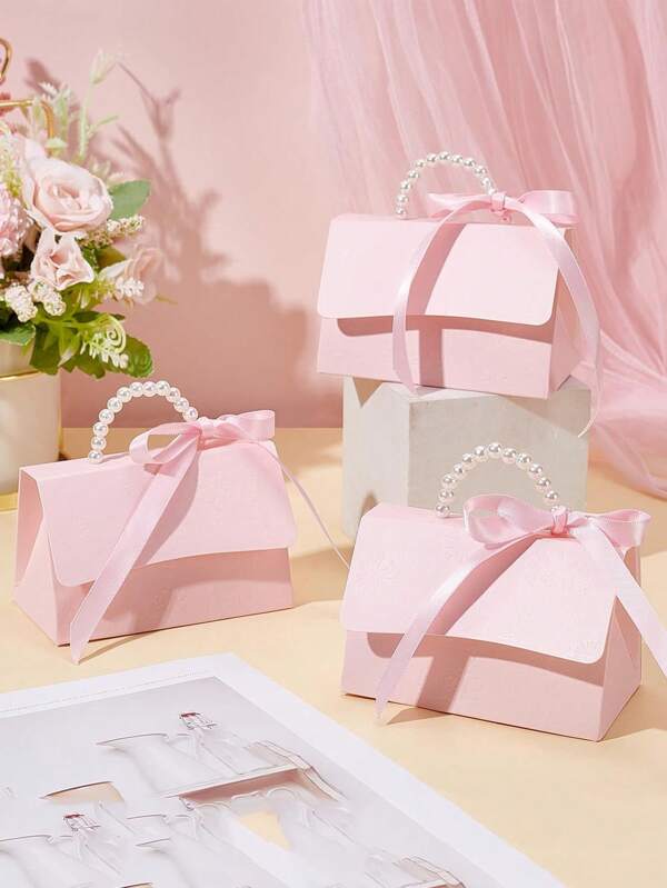 10pcs Pink Wedding Favors Box DIY Set, Kraft Paper Box With Faux Pearl Handle, Ribbons, Stickers, Gift Boxes For Birthday, Party Favor, Boutique, Wedding And Anniversary Gifts Graduation Birthday Decorations Party Decorations Gift Bags Summer Beach Back To School School Supplies Room Decor