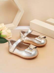 1 Pair Toddler's Simple PU Lace Design Flat Cute Shoes, Suitable For Spring & Autumn Outdoor - Gold - View 4