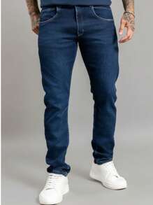 Calça Jeans Slim Fit Confortável Lavagem Escura Masculina - Azul - Visão 1