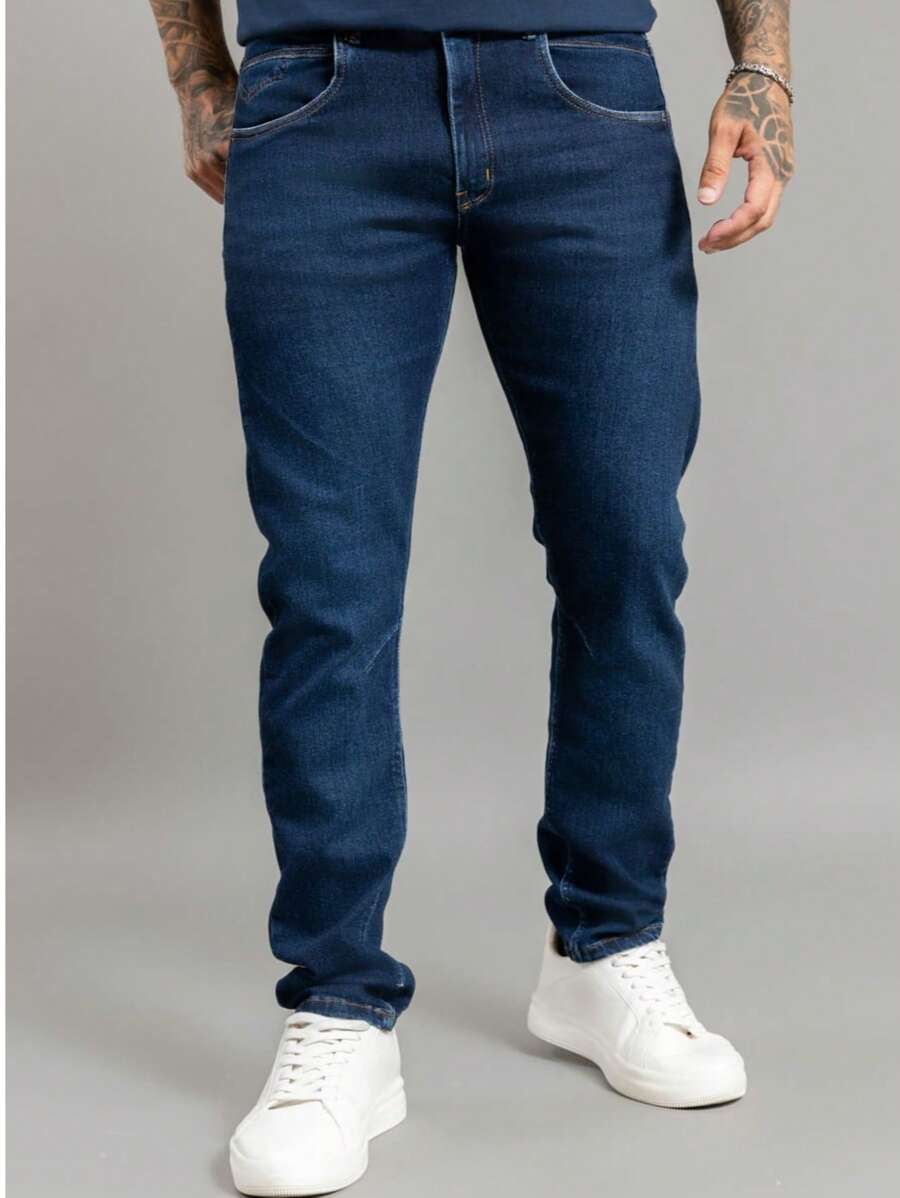 Calça Jeans Slim Fit Confortável Lavagem Escura Masculina - Azul - Visão 1