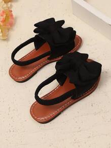 1 双加大码黑色幼儿女孩平底凉鞋，纯色网眼大蝴蝶结装饰，松紧后带圆头防滑鞋底，优雅可爱的罗马风格鞋子适合 3-15 岁学生日常、派对、旅行、2025 年春夏