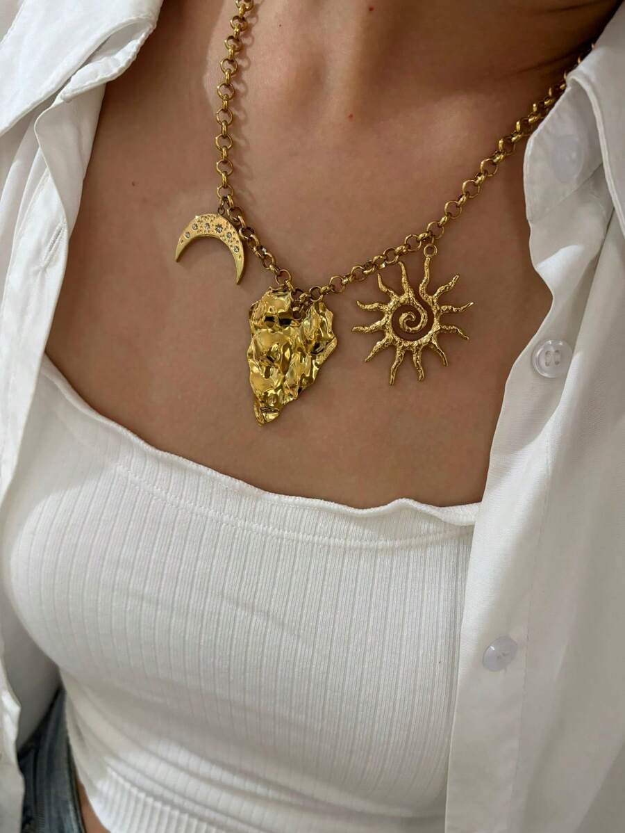 1 chiếc vòng cổ thời trang đa năng chống thấm nước thiết kế hình trái tim và mặt trăng bất đối xứng cao cấp bằng pha lê khảm vàng 18K dành cho phụ nữ