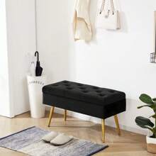 Storage Bench Modern Entryway Bench End Of Bed Bench Ottoman Upholstered Velvet Bedroom Benches For Foot Of Bed Tufted Bench Footrest Stool With Golden Legs 32" Black