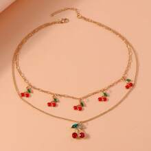 2pcs/Set Countryside Cherry Alloy Necklace, Suitable For Women Everyday Or Festival Wear