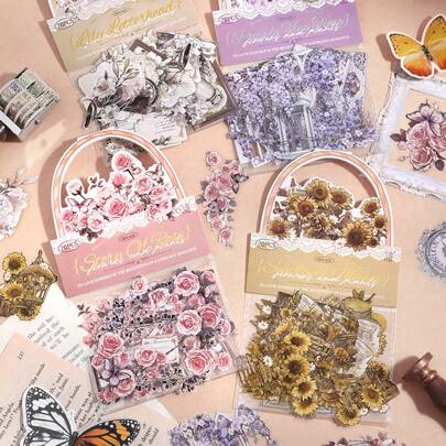 Vintage Rose Flower PET Sticker Pack, Floral Plant Creative DIY Scrapbooking, Scrapbook, Decoration Sticker,School Supplies,Back To School