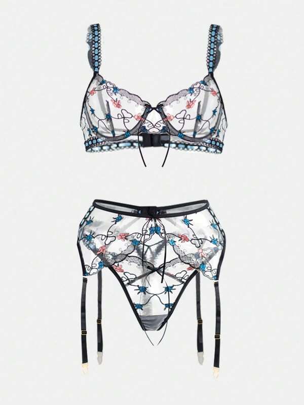 Sexy lingerie voor dames Groener mesh doorschijnende kousenbandbeha set van 3