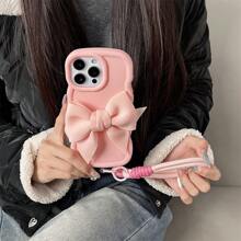 Bow-Knot A Sweet Pink IPhone Case With Big Bowknot & Handy Wrist Strap ,Diy Phone Case Compatible With SAMSUNG IPhone16/7/8/11/12/13/14/15/X/XR/Xs/Plus/Pro/Pro Max/SE2