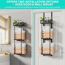 HapiRm Towel Rack Bathroom Storage - 3 Tier Over The Door Towel Rack With Metal Shelf Basket And 6 Hooks Wall Mount Towel Holder Rolled Towel Organizer For Small Bathroom Black