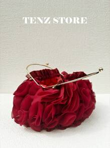 Women Elegant Large-Capacity Burgundy Floral Pleated Satin Evening Clutch Party Bag Purse Handbag– Chic Chiffon Petal Handbag With Chain Strap, Fits ProMax Size Phone & Essentials, Perfect For Bride, Weddings, Dates, Proms, Sorority Formals, Graduation Parties, Spring Galas, Weddings, Cocktail Events, And Special Occasions, Prom Bag For Party