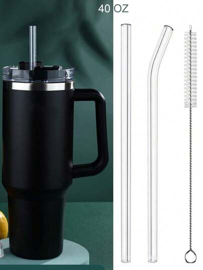 2pcs Replacement Straw For 40oz Tumbler, Extra Long Glass Straw And Straw Cleaner,12*10mm Glass Straw For Iced Coffee, Anti Wrinkle Clear Glass Straw, Bent And Straight Straw Set