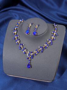 Bộ 4 chiếc/Bộ vòng cổ và hoa tai vương miện pha lê phong cách Baroque thanh lịch, thích hợp cho đám cưới và sự kiện - Màu xanh lam - Xem 3