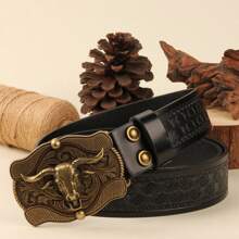 3.7cm Wide Cowboy Style Western Open-Mouth Bull Head Shape PU Leather Belt Buckle, Smooth Buckle With Stamping & Round Hole Design For Men & Women