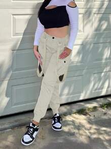 Women's Solid Color Webbing Design Cuffed Casual Utility Pants, Versatile - Light Grey - View 3