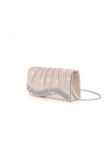 1pc Diamond Rhinestone Mini Glitter Pleated Chain Handbag, Shiny Party Evening Clutch For Wedding - Champagne - View 3