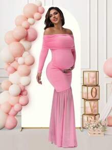 Maternity Long Sleeve Off Shoulder Dress Solid Color Mesh Paneled Split Hem Gown For Baby Shower Photoshoot Party