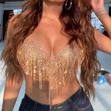 Women's Sexy Sequins Tassel Night Club Diamond-Studded Cami Top Backless String Bikini Swimwear - 金色 - 查看 1