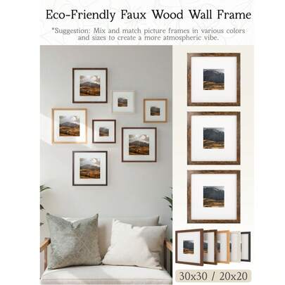 仿木纹方形相框（含衬垫） - 20x20厘米/25x25厘米/30x30厘米/10x10厘米/40x30厘米，乡村农舍风格墙面装饰，用途广泛，适用于画廊墙、艺术印刷品、照片和纪念品，单包装，樱桃木纹理/胡桃木棕色纹理/浅橡木纹理/奶油橡木纹理/哑光黑微纹理
